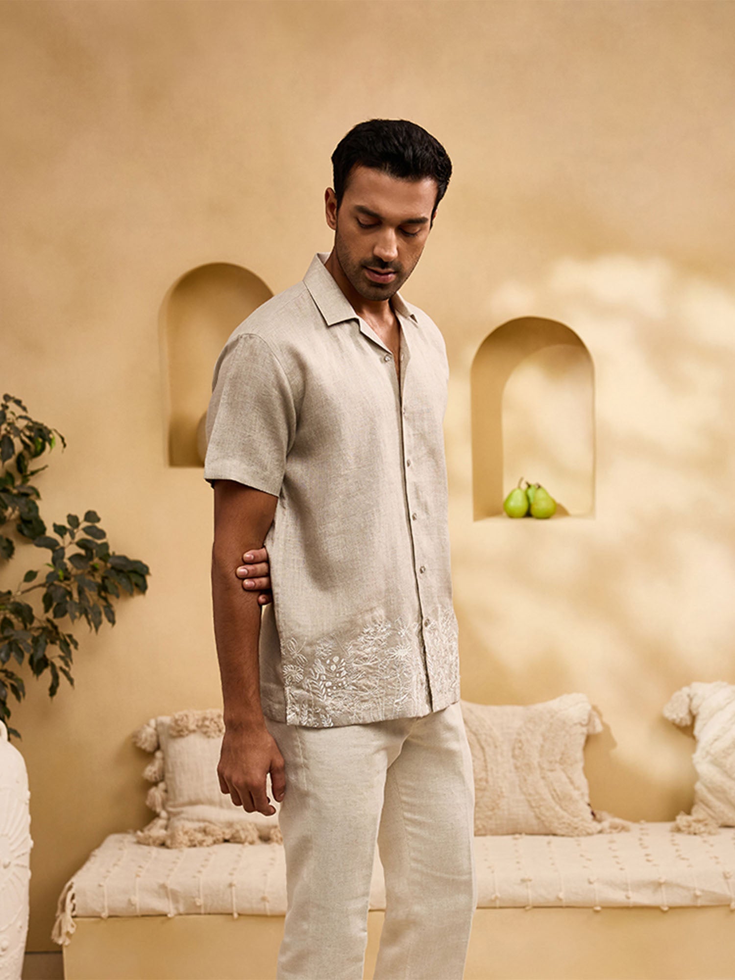 Natural with White Running Stitch Floral Embroidery Linen Cuban Regular Fit Shirt