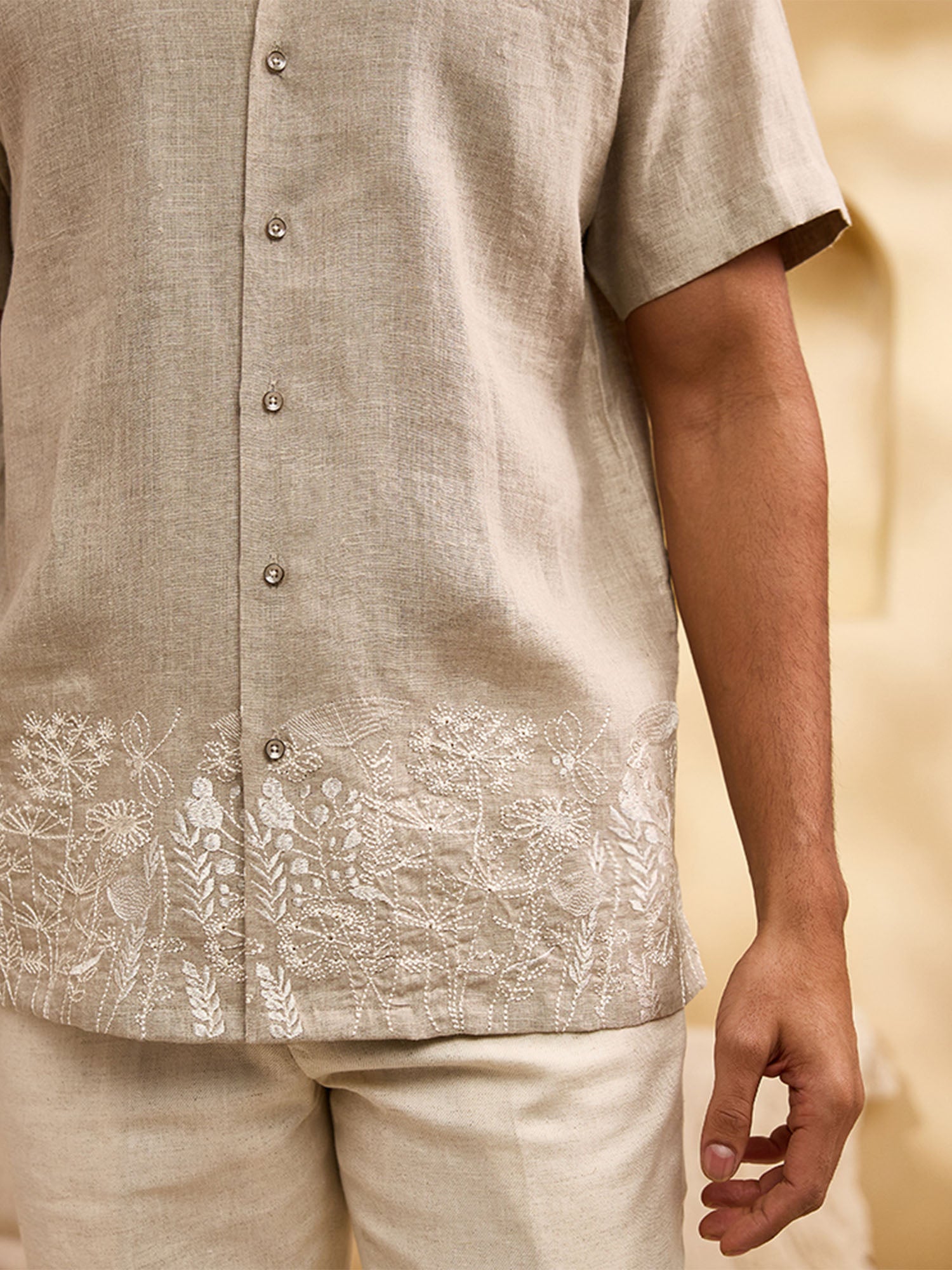 Natural with White Running Stitch Floral Embroidery Linen Cuban Regular Fit Shirt