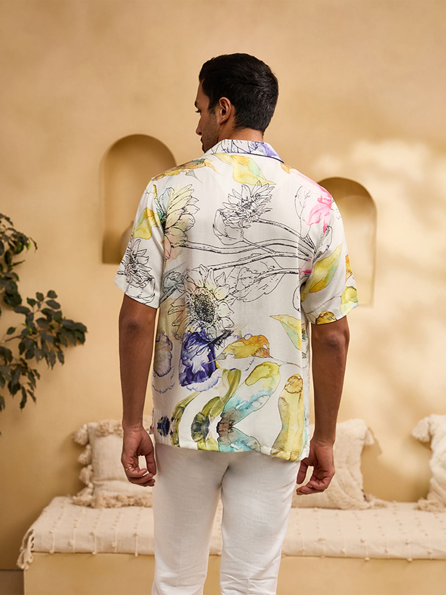 Cream Floral Print Cuban Regular Fit Shirt
