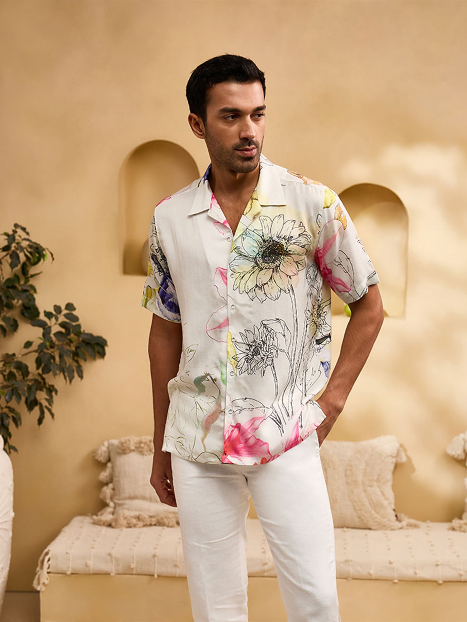 Cream Floral Print Cuban Regular Fit Shirt