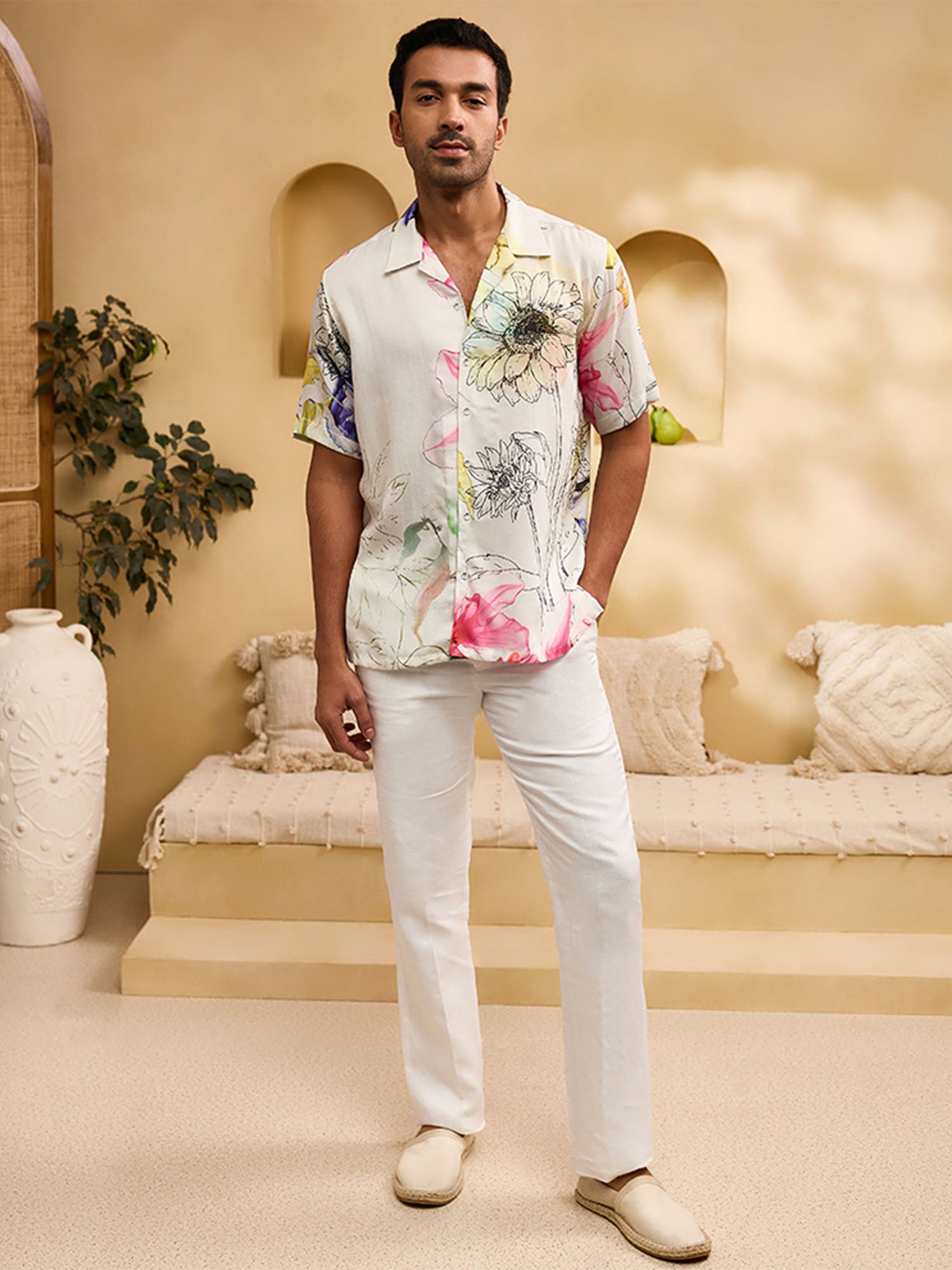 Cream Floral Print Cuban Regular Fit Shirt