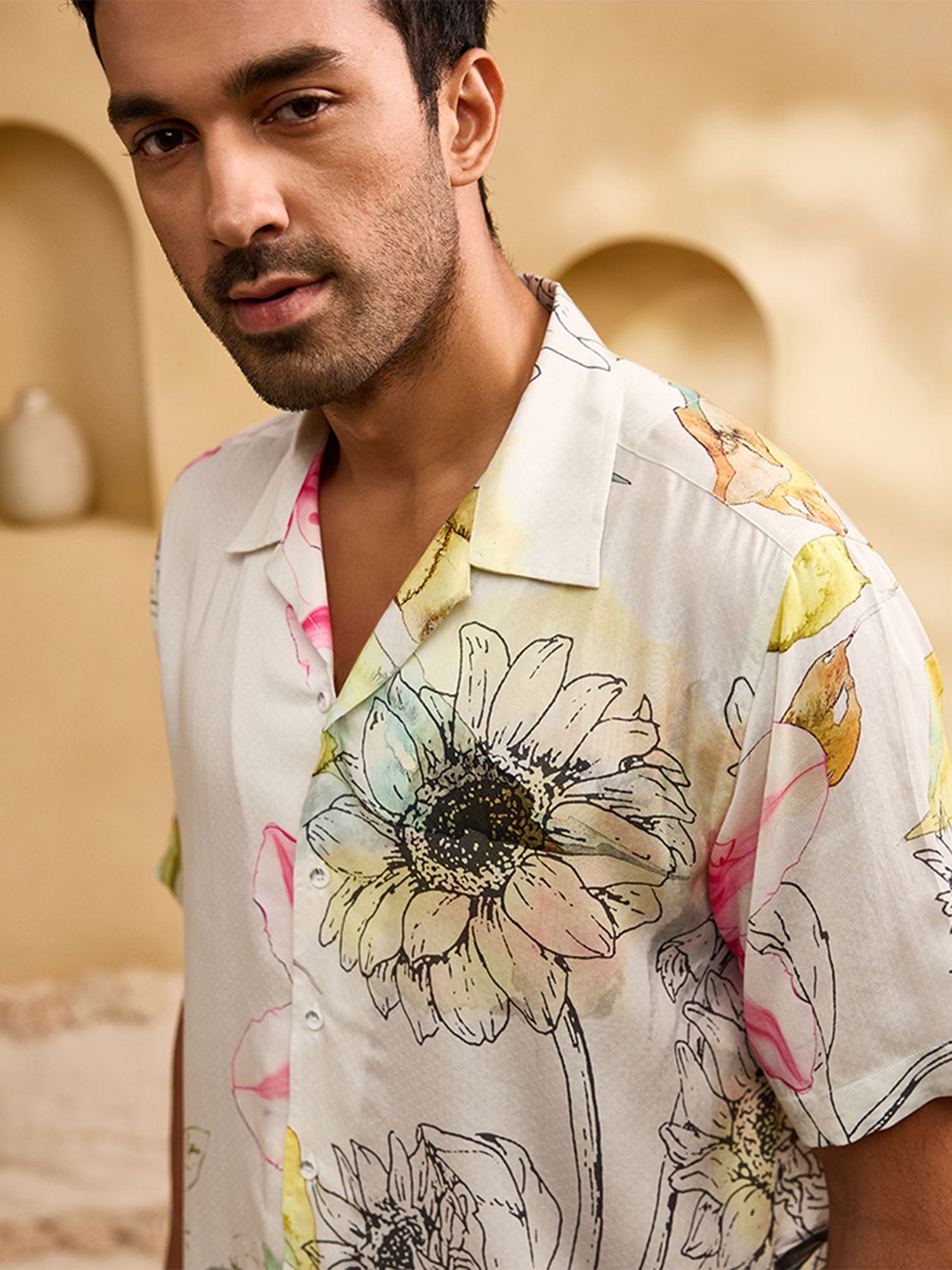 Cream Floral Print Cuban Regular Fit Shirt