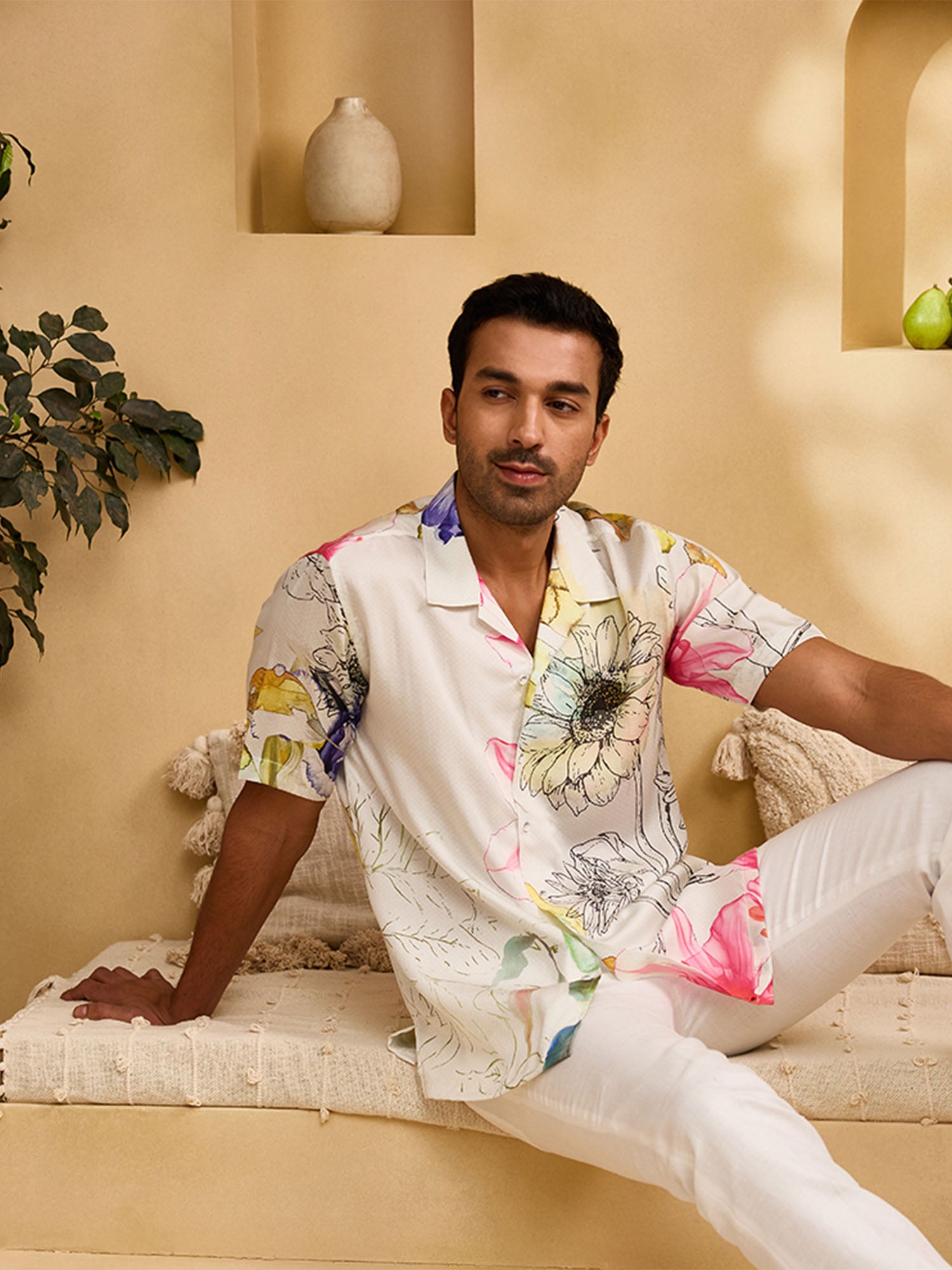 Cream Floral Print Cuban Regular Fit Shirt