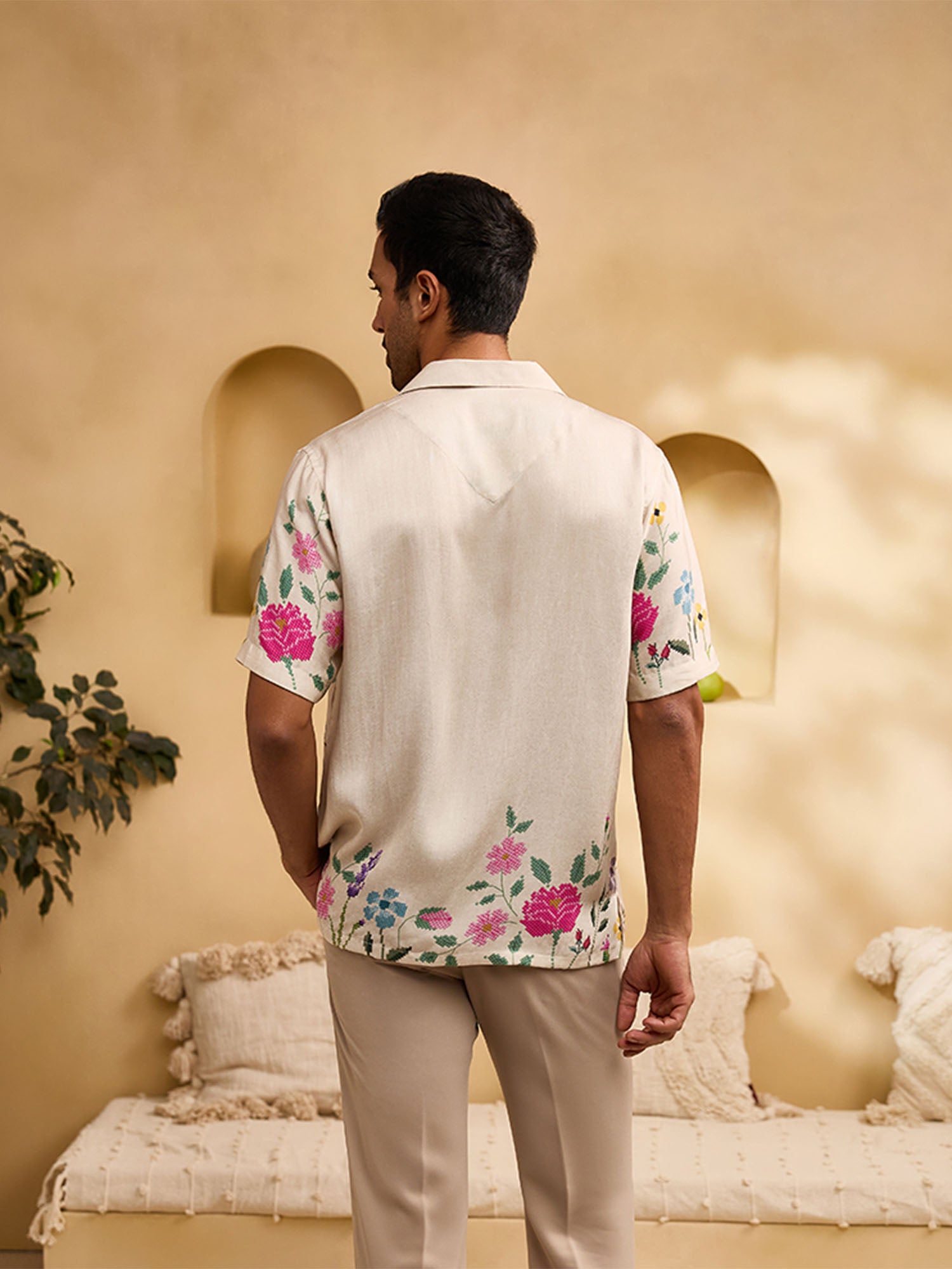 Beige Floral Print Cuban Regular Fit Shirt