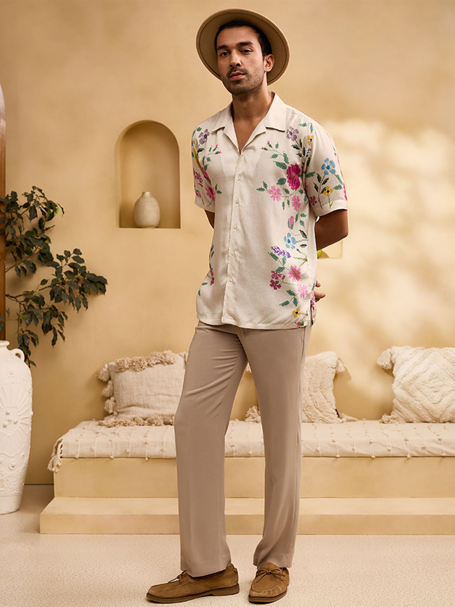 Beige Floral Print Cuban Regular Fit Shirt