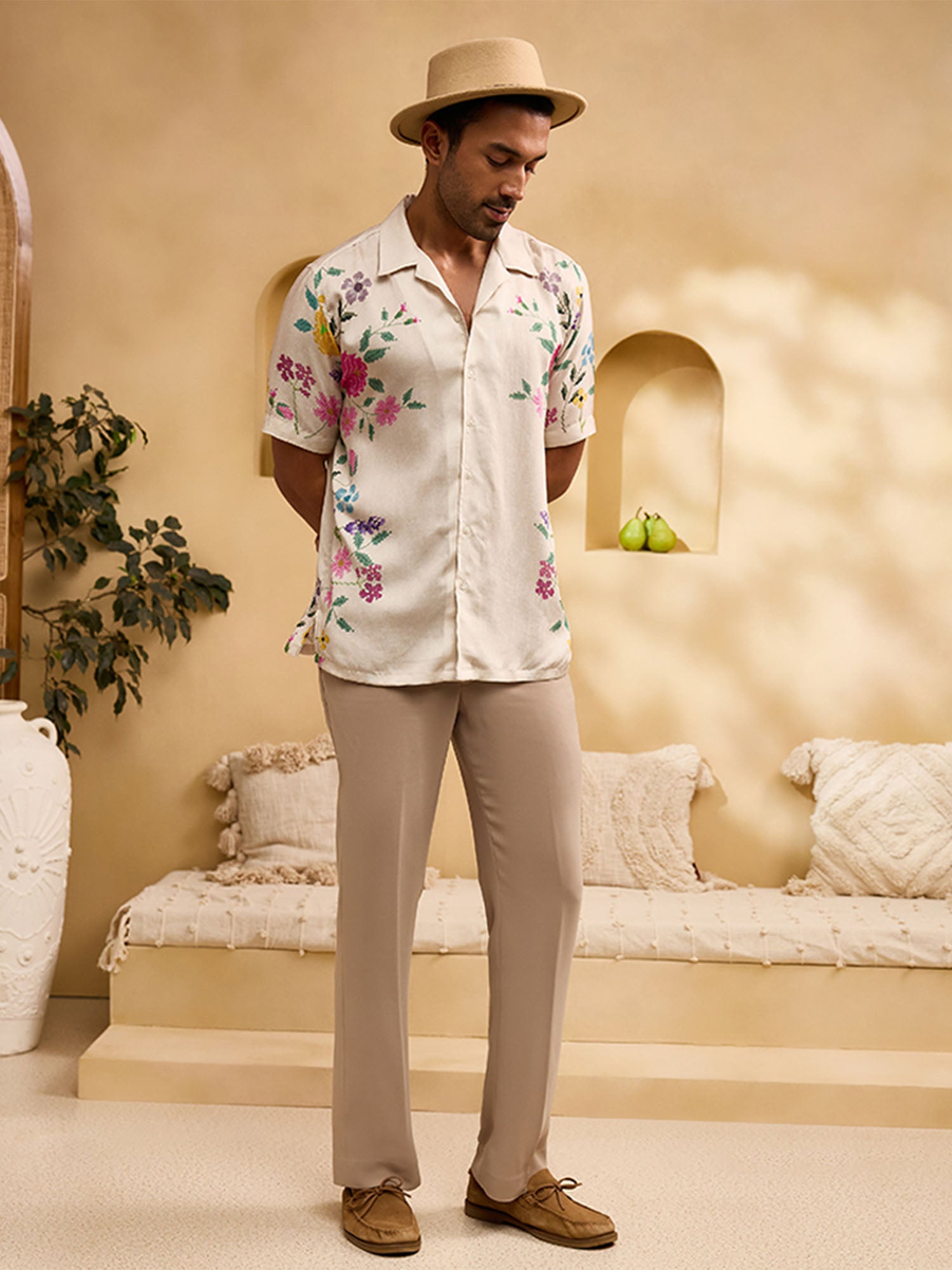 Beige Floral Print Cuban Regular Fit Shirt