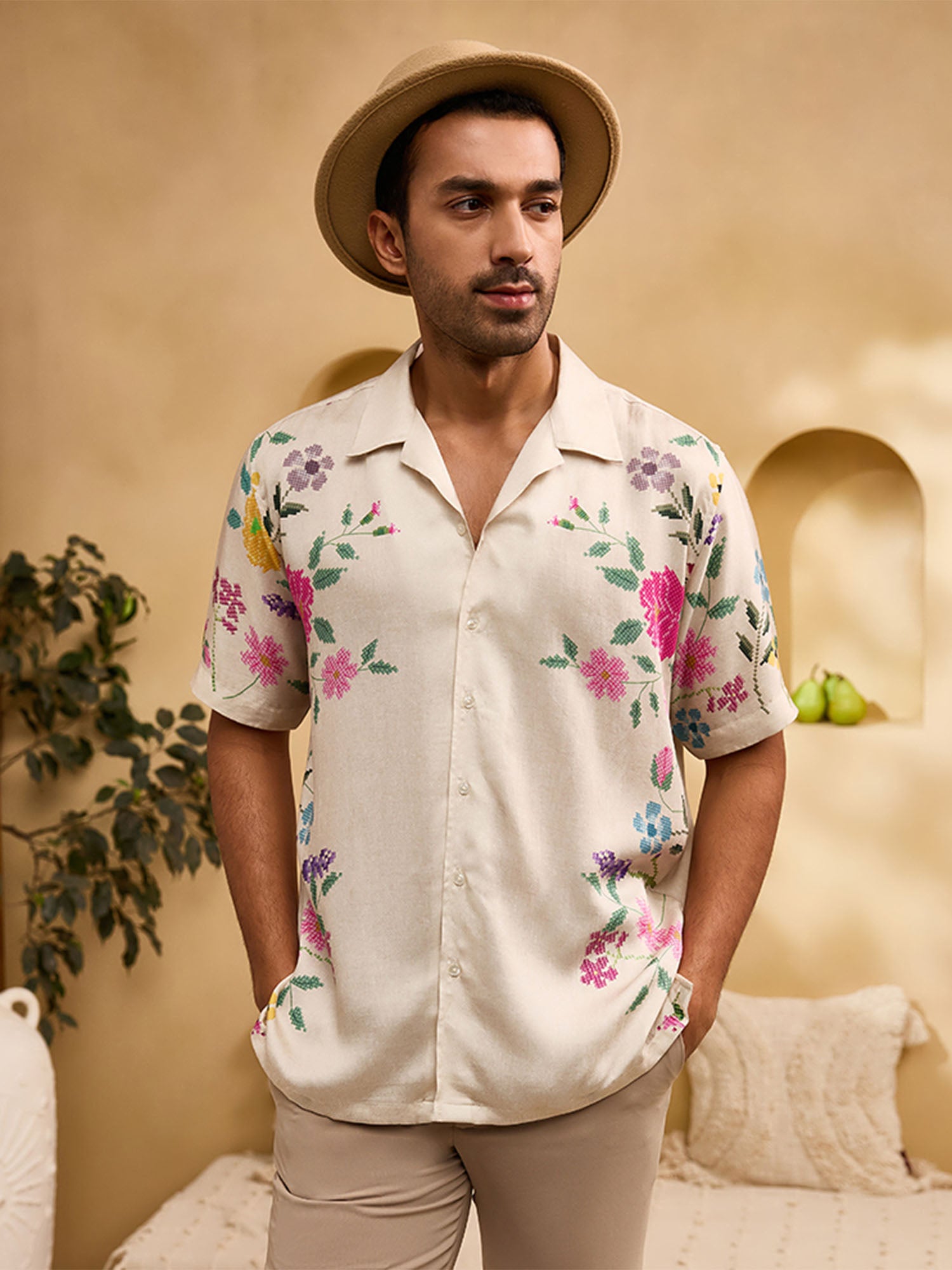 Beige Floral Print Cuban Regular Fit Shirt