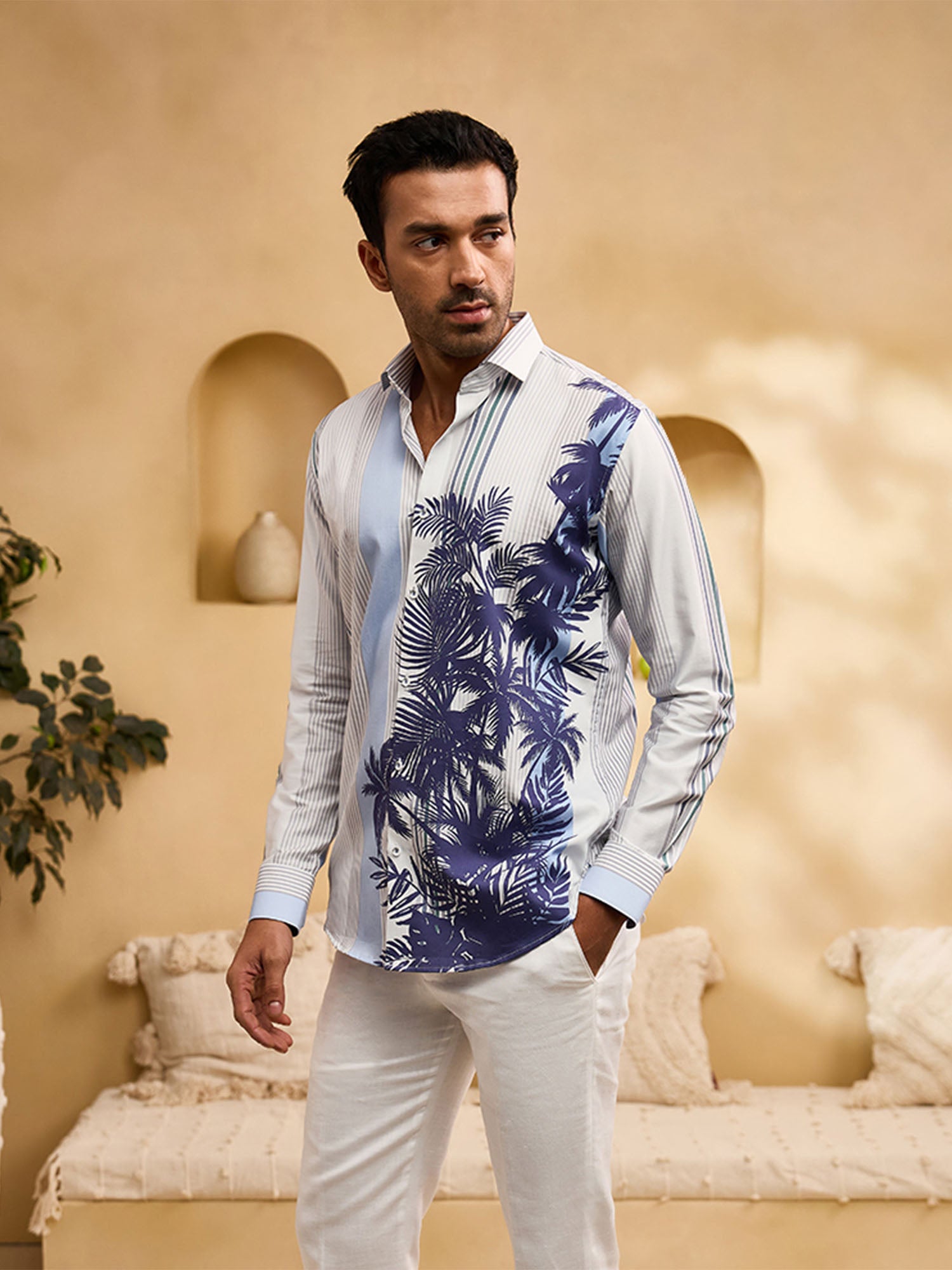 White and Blue Striped Floral Print Slim Fit Shirt