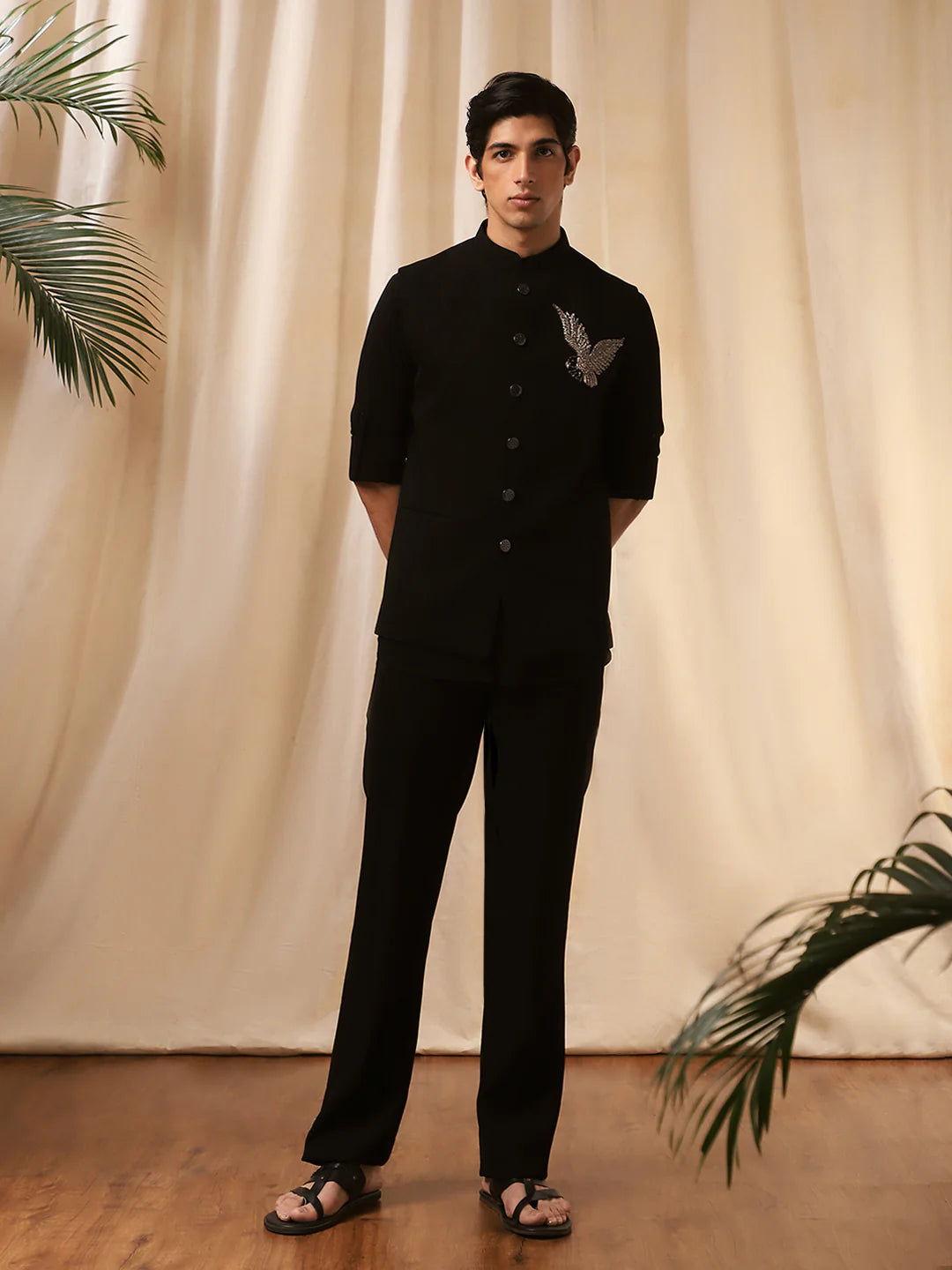 Black Rose Embroidered Bandishirt for Men