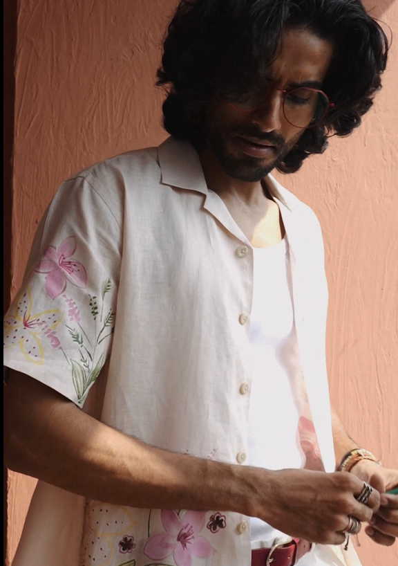 Dull Peach Linen Shirt with Colourful Hand-Painted Floral Art