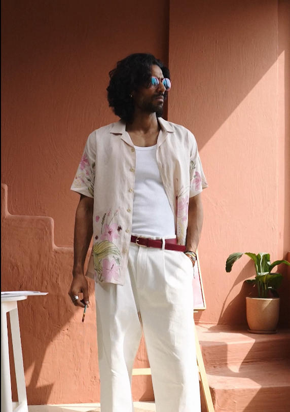 Dull Peach Linen Shirt with Colourful Hand-Painted Floral Art