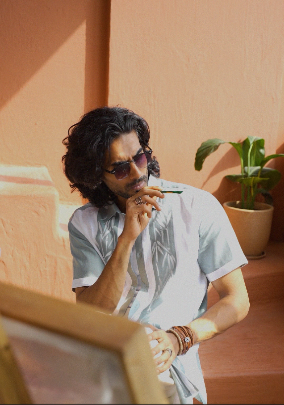 Sage Green and White Linen Shirt with Hand-Painted Bamboo Art