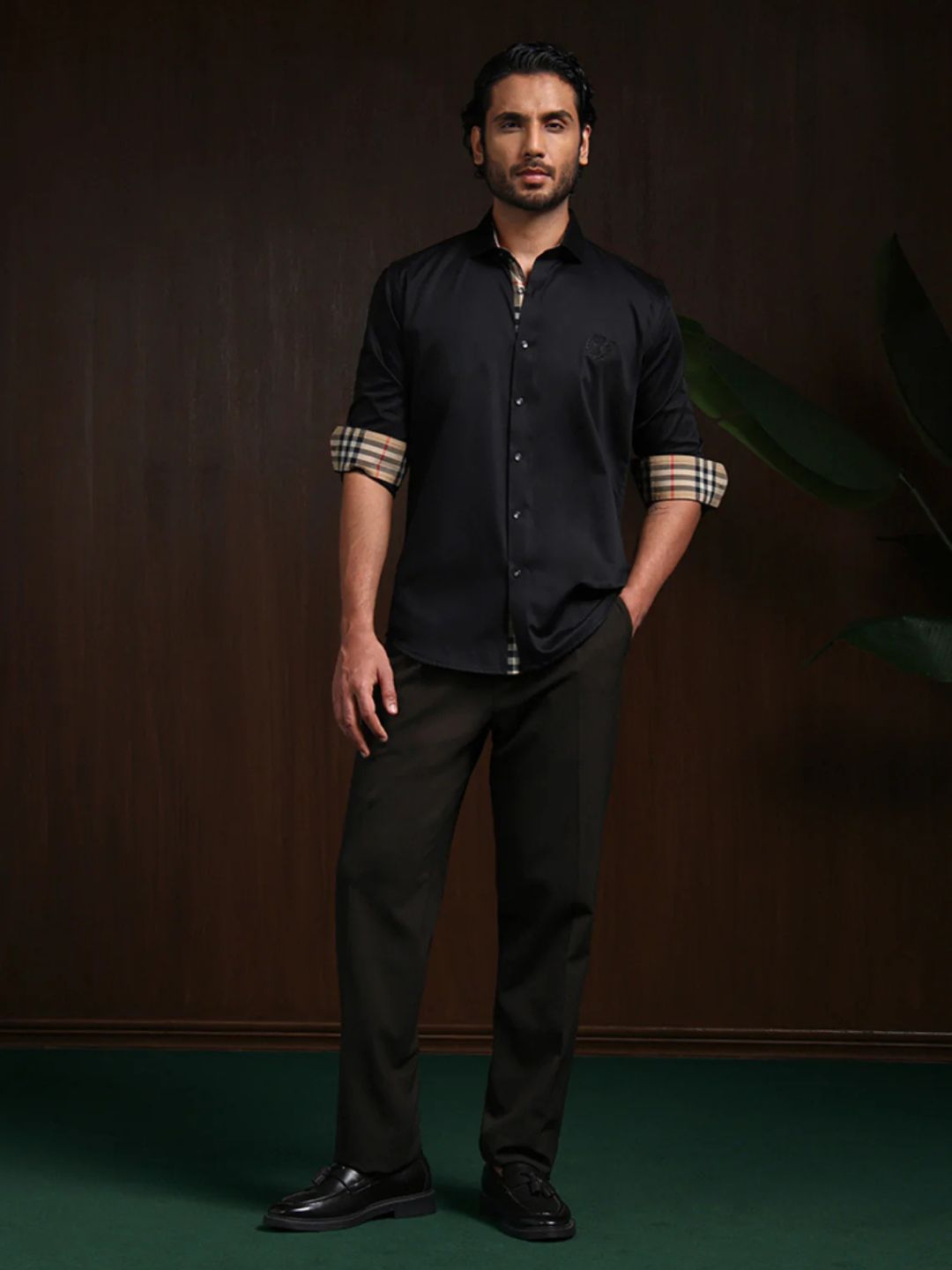 Black Slim Fit Cotton Shirt with Elegant Embroidery Detailing