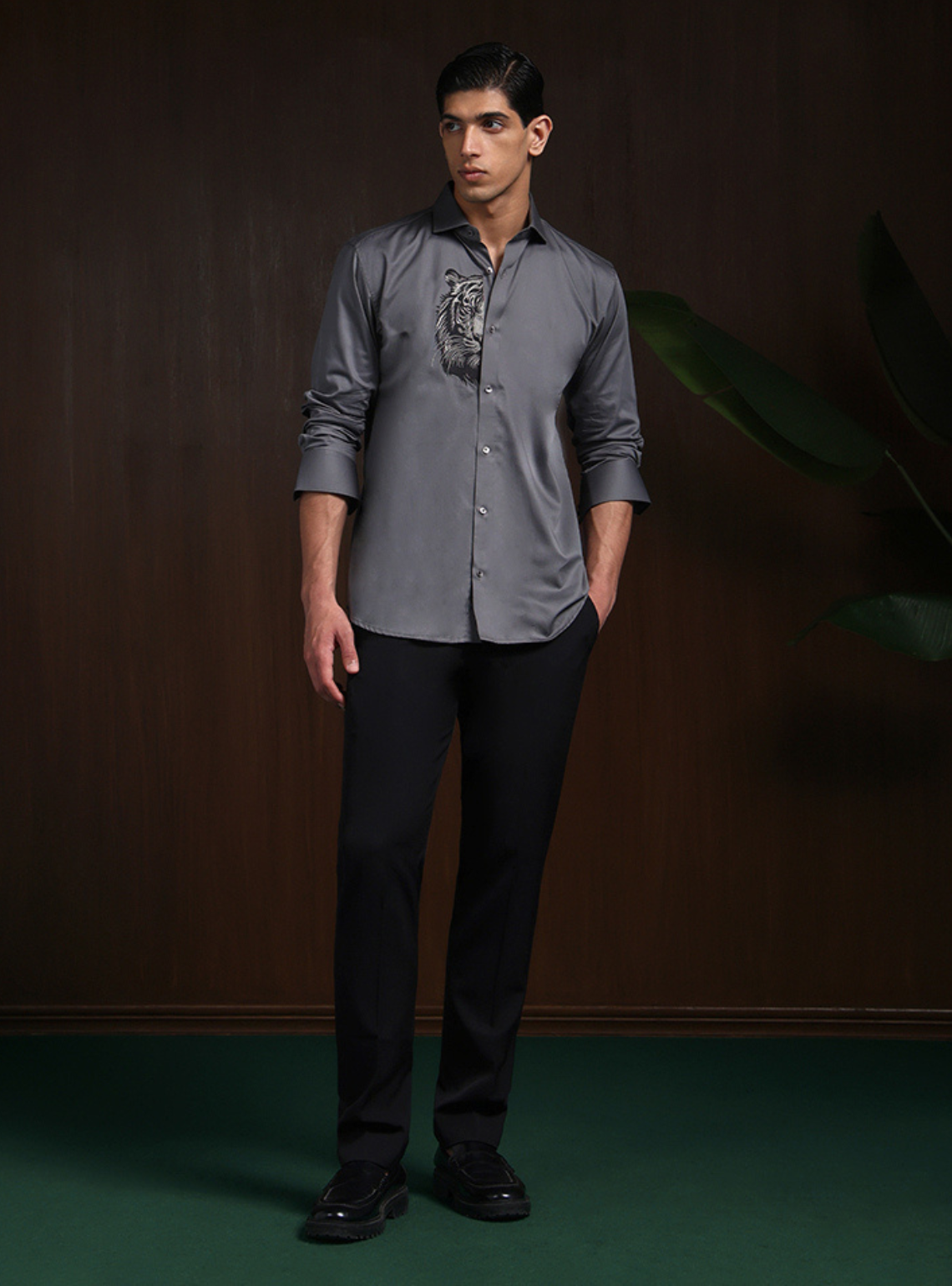 Dark Grey Slim Fit Cotton Shirt with Elegant Embroidery