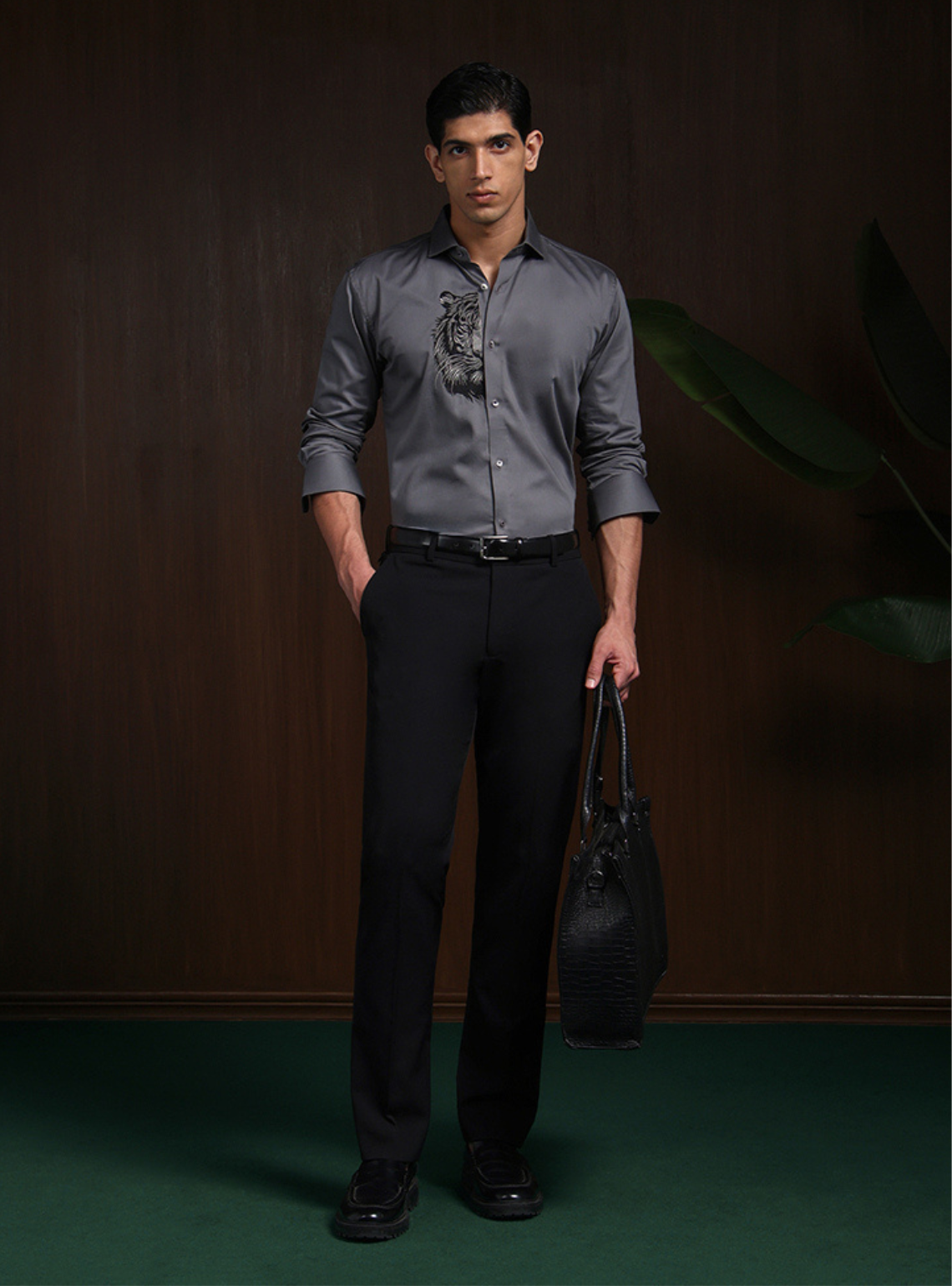 Dark Grey Slim Fit Cotton Shirt with Elegant Embroidery