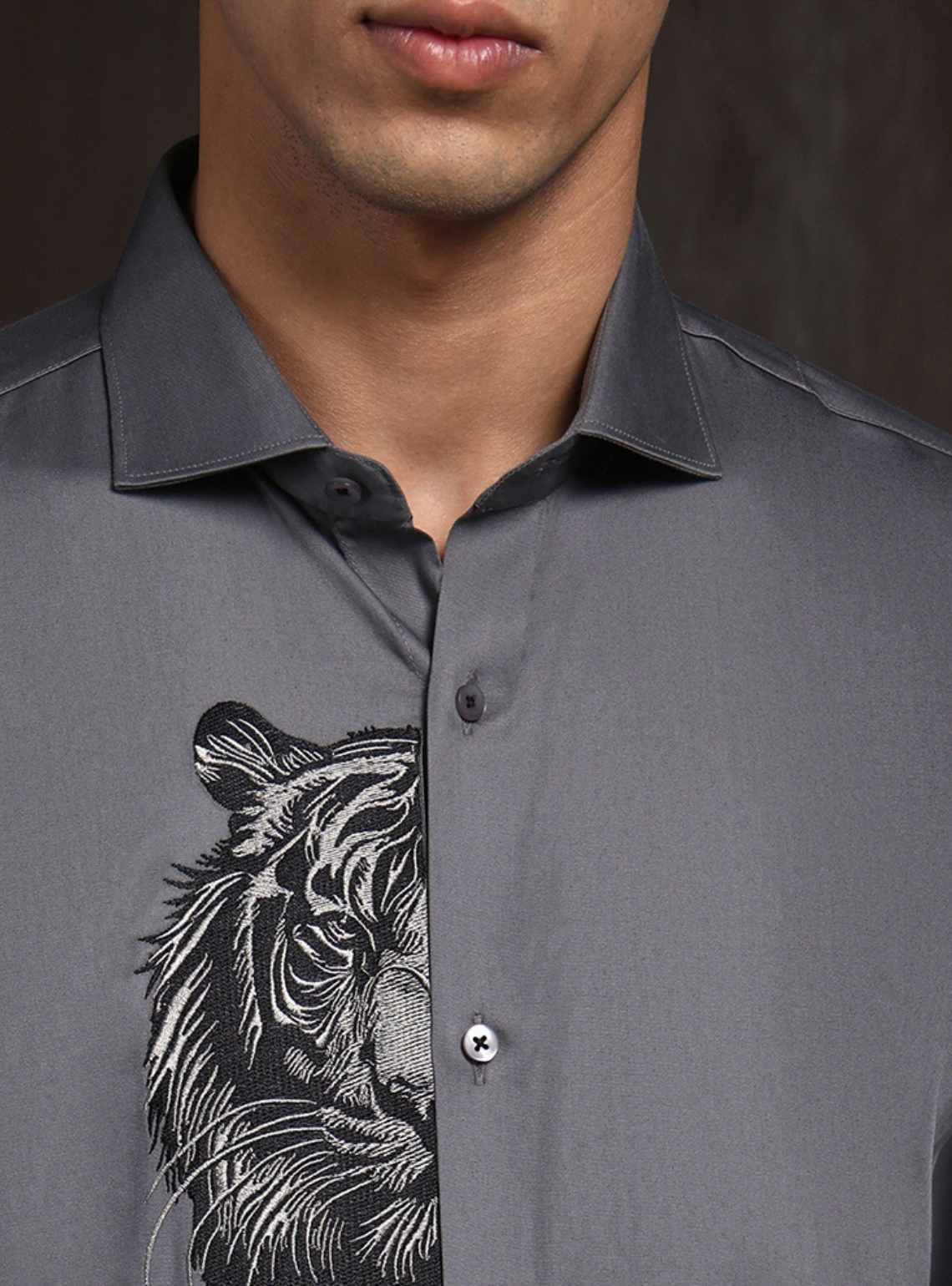Dark Grey Slim Fit Cotton Shirt with Elegant Embroidery