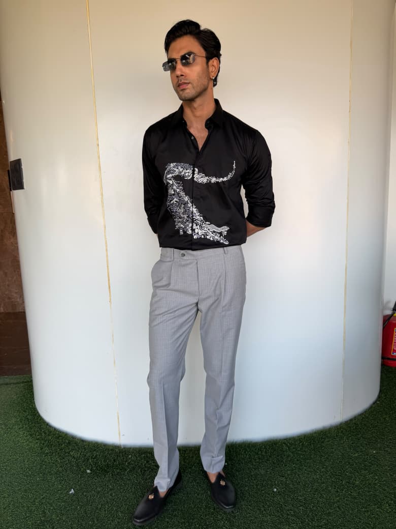 Black Cotton Embroidered Graphic Slim Fit Casual Shirt