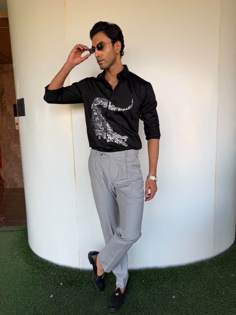 Black Cotton Embroidered Graphic Slim Fit Casual Shirt