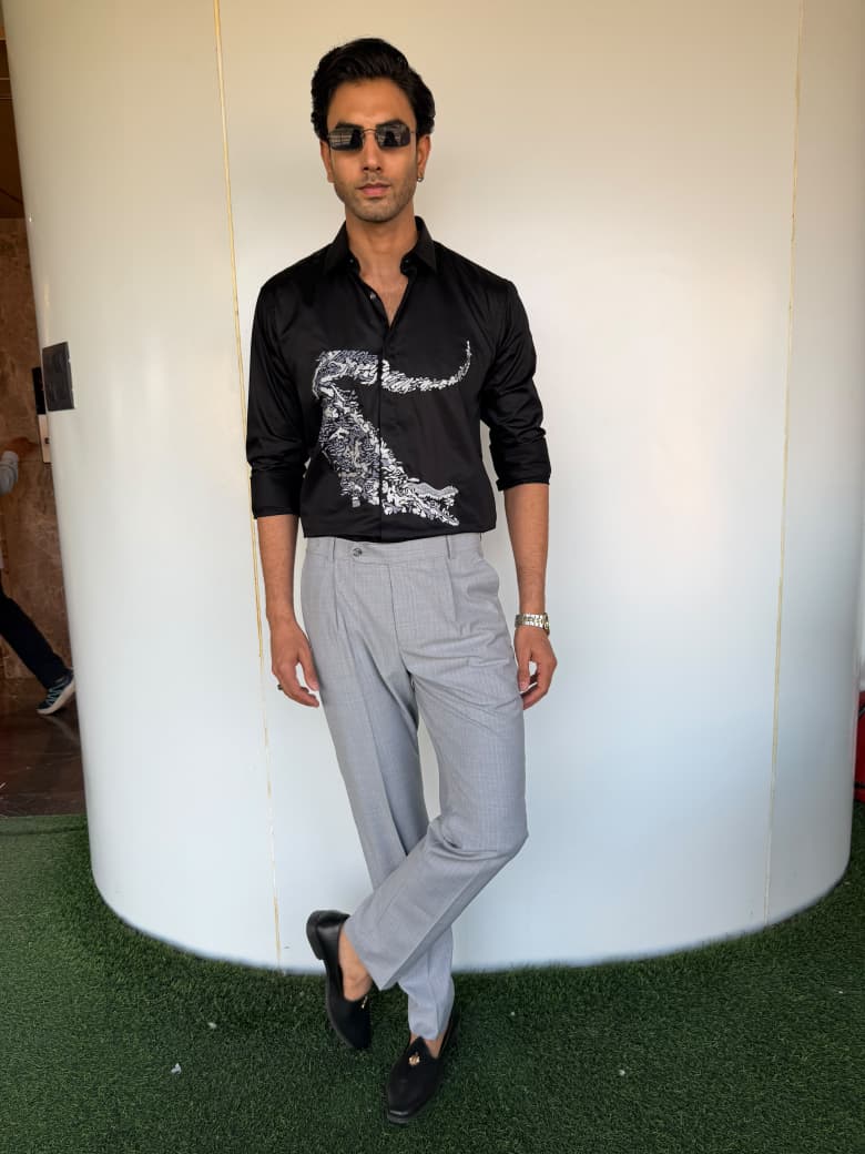 Black Cotton Embroidered Graphic Slim Fit Casual Shirt