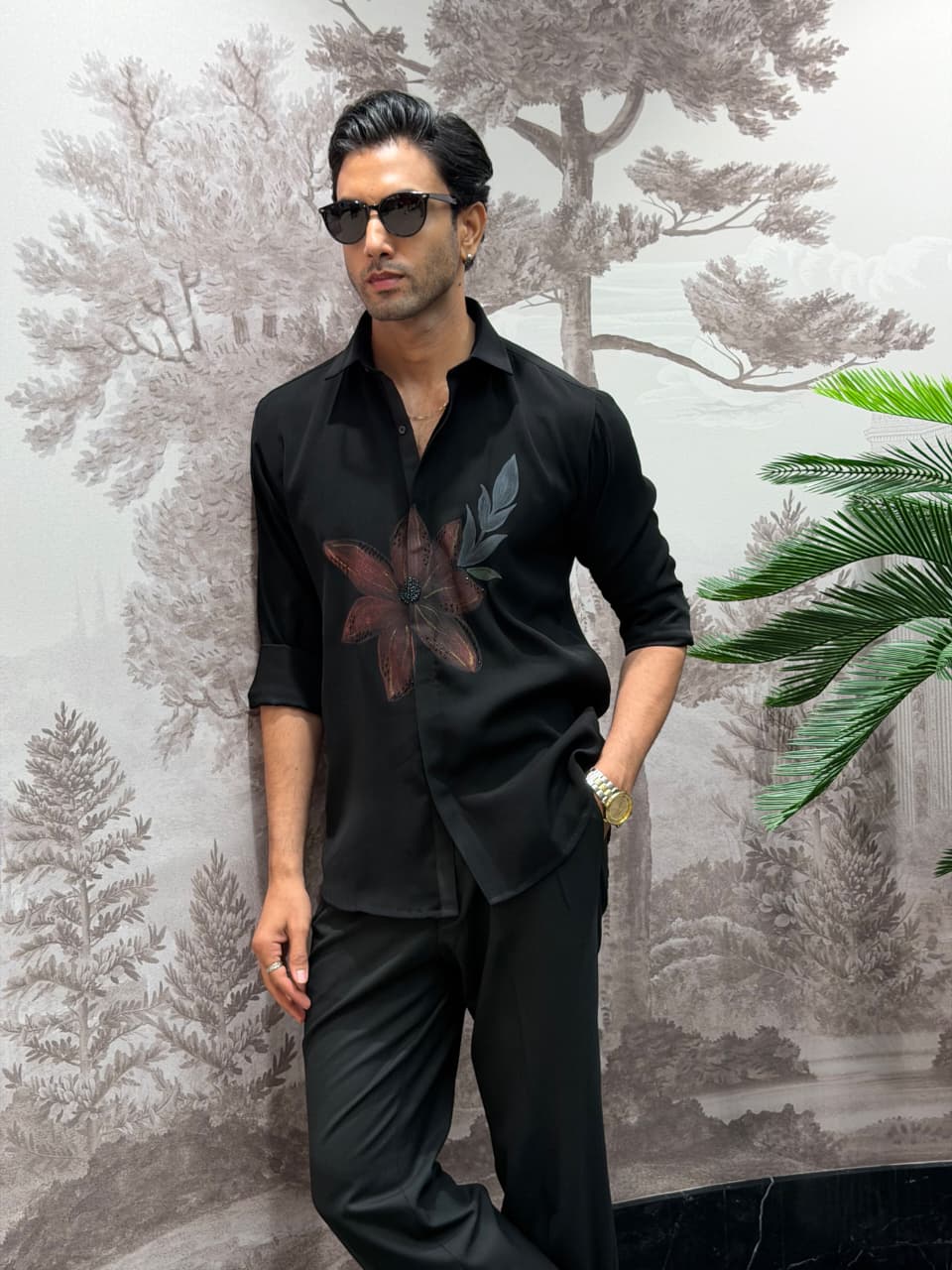 Black Boomario Hand-Print & Embellished Floral Slim Fit Shirt