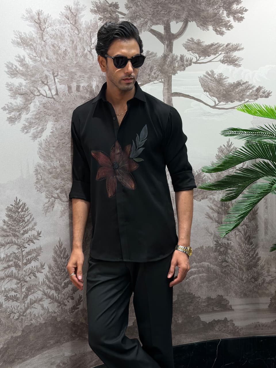 Black Boomario Hand-Print & Embellished Floral Slim Fit Shirt