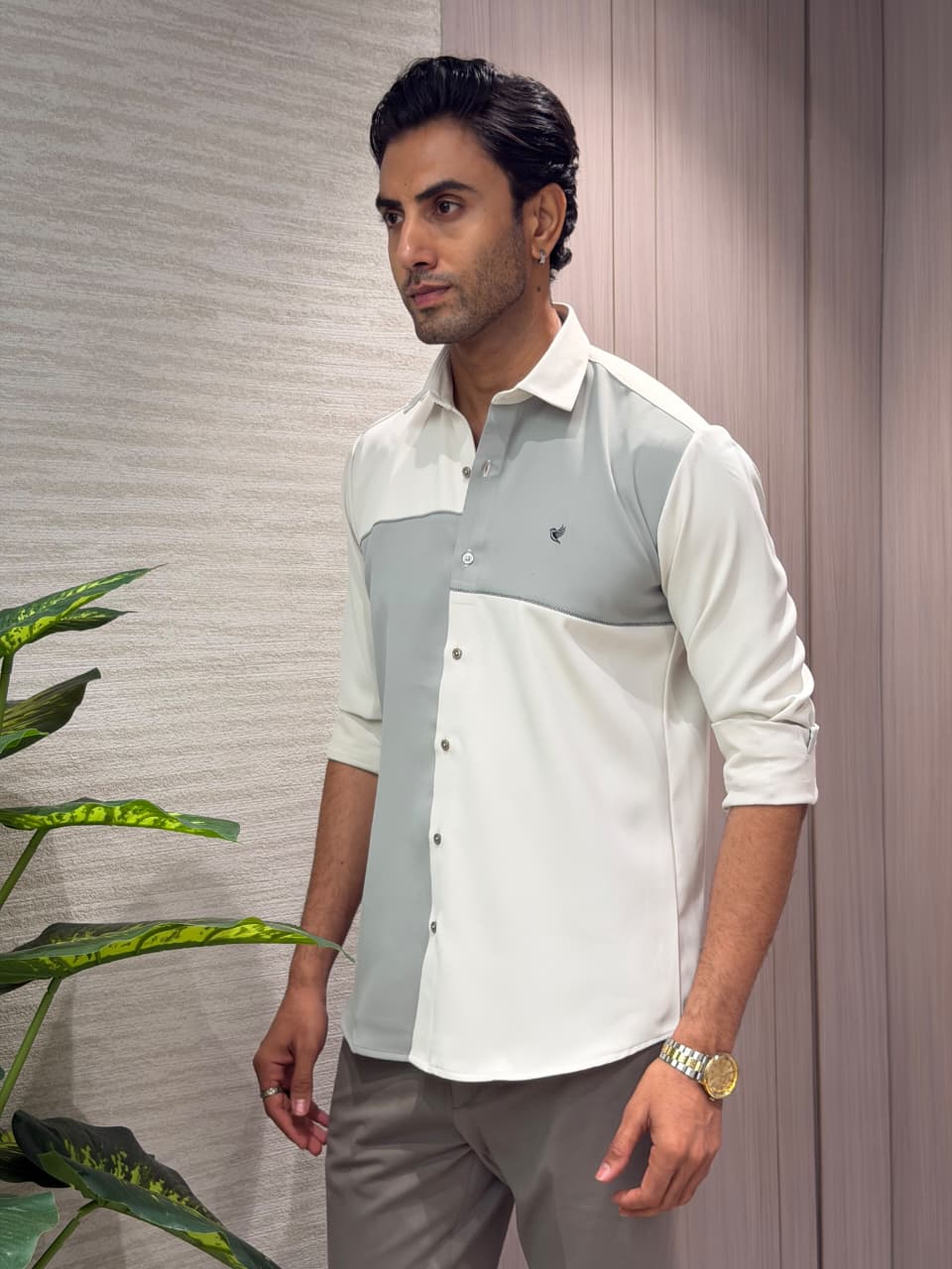 Beige & Sage Colorblocked Designer Twill Slim Fit Shirt