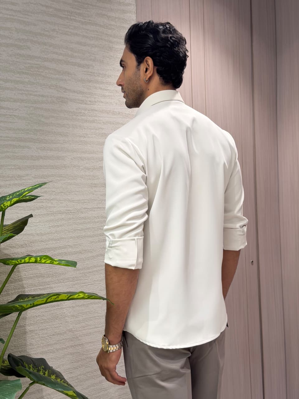 Beige & Sage Colorblocked Designer Twill Slim Fit Shirt