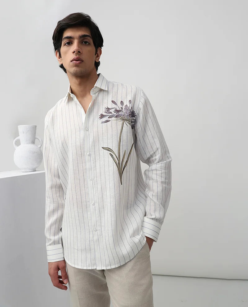 White Striped Print Luxury Linen Men's Cotton Shirt