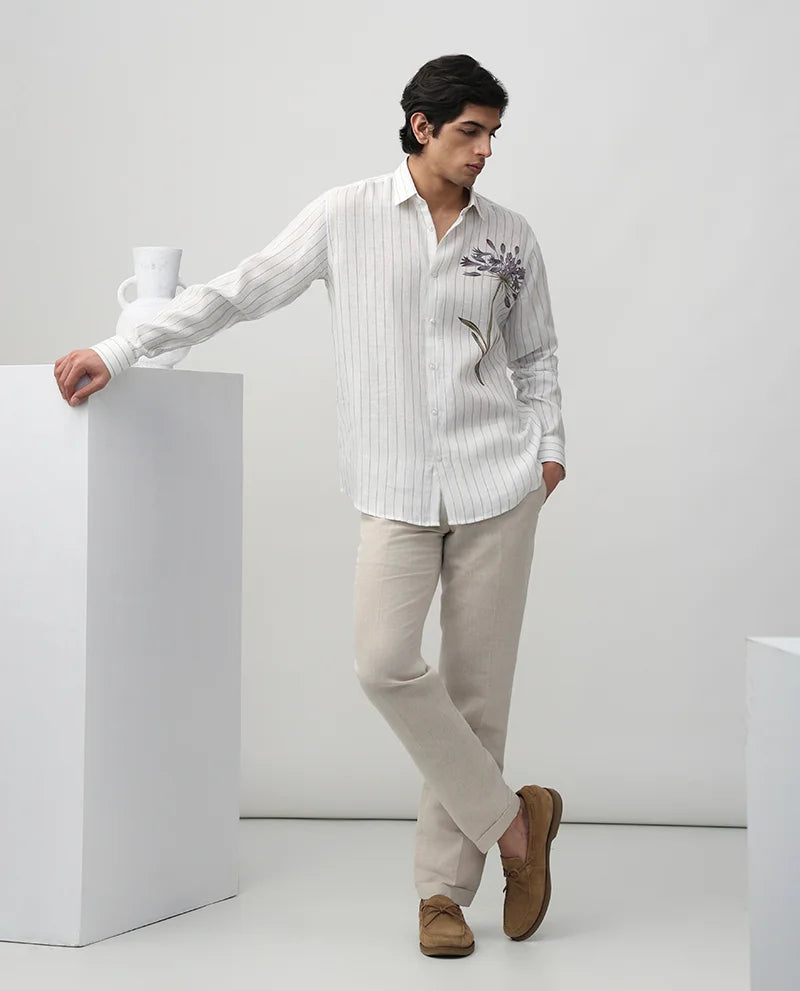 White Striped Print Luxury Linen Men's Cotton Shirt
