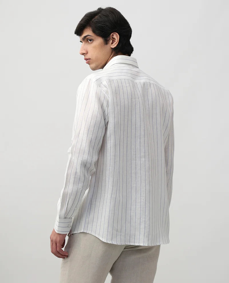 White Striped Print Luxury Linen Men's Cotton Shirt