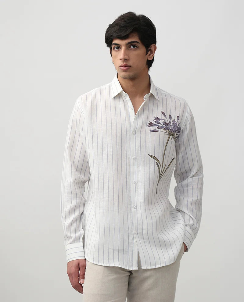 White Striped Print Luxury Linen Men's Cotton Shirt