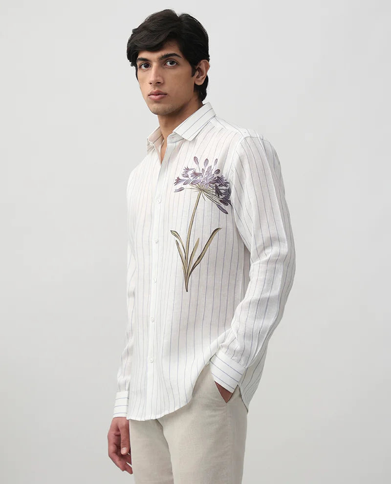 White Striped Print Luxury Linen Men's Cotton Shirt