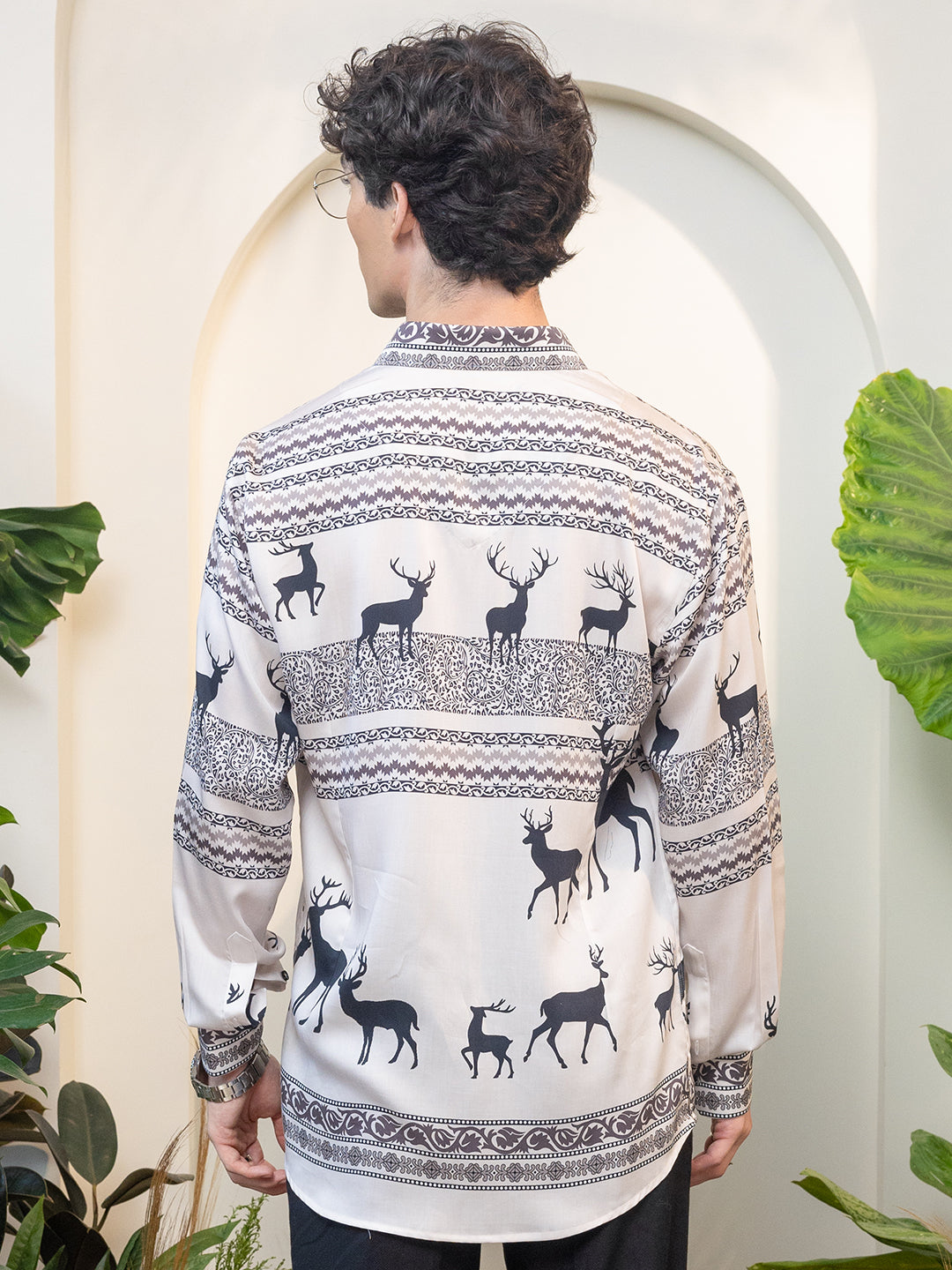 Light Beige Deer Silhouette & Line Pattern Full Sleeve Shirt