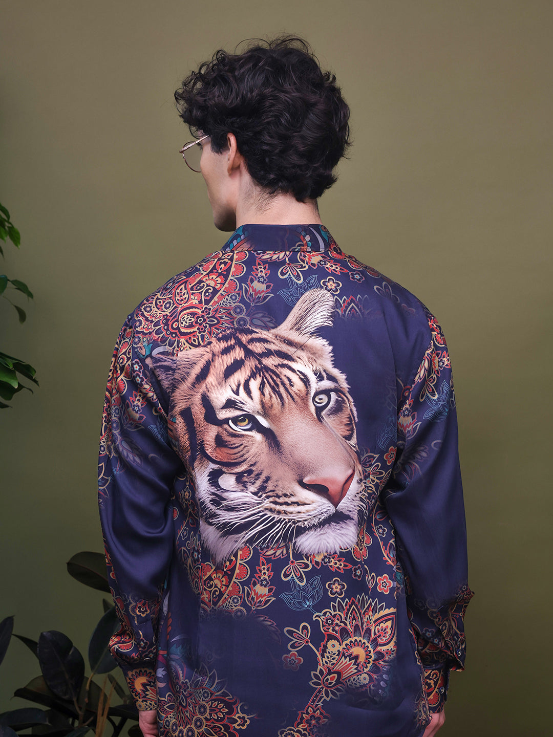 Navy Blue Tiger & Multi-Colour Geometric Floral Print Full Sleeve Shirt