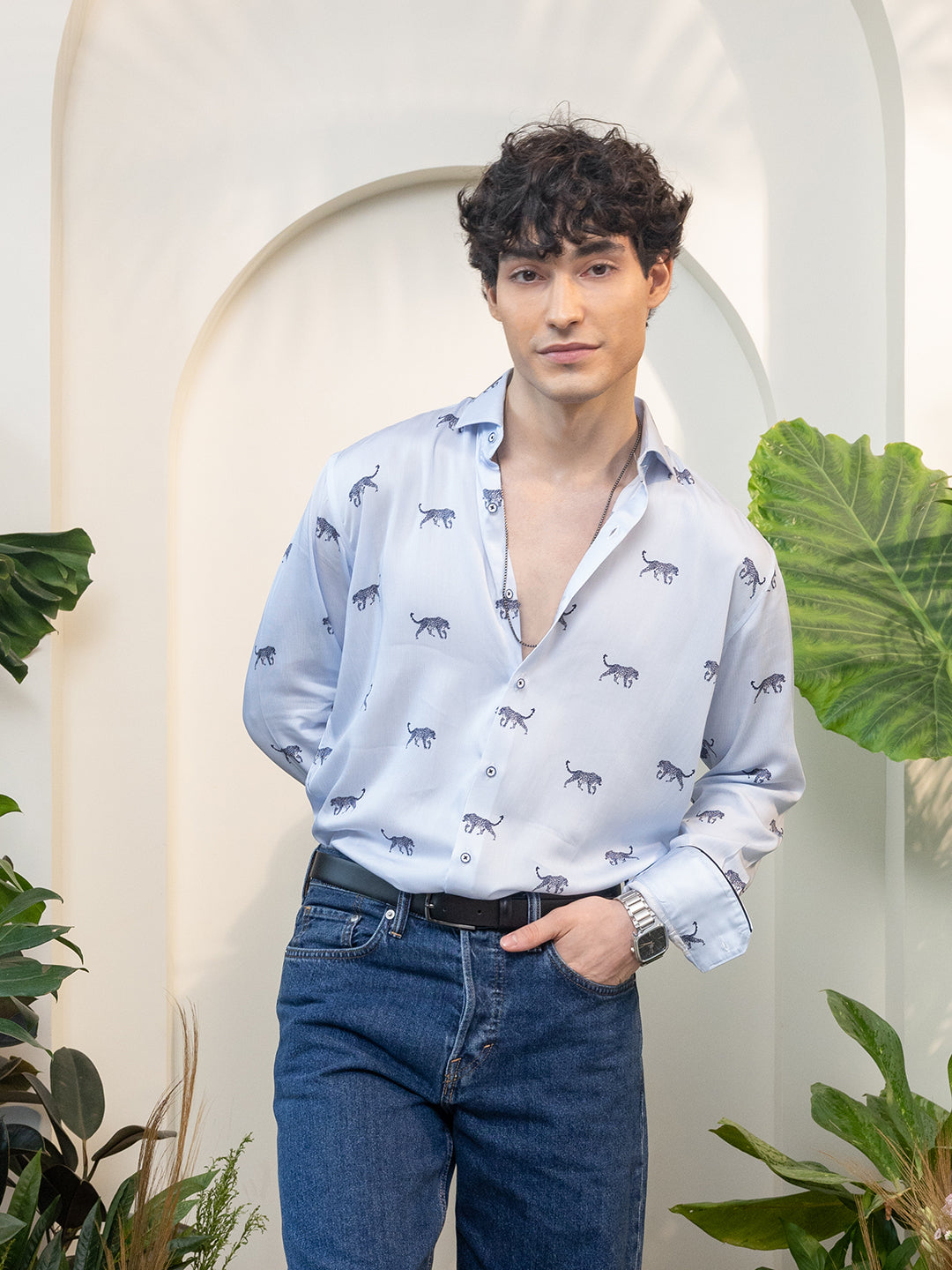 Light Blue Pinstripe Jaguar Motif Full Sleeve Shirt