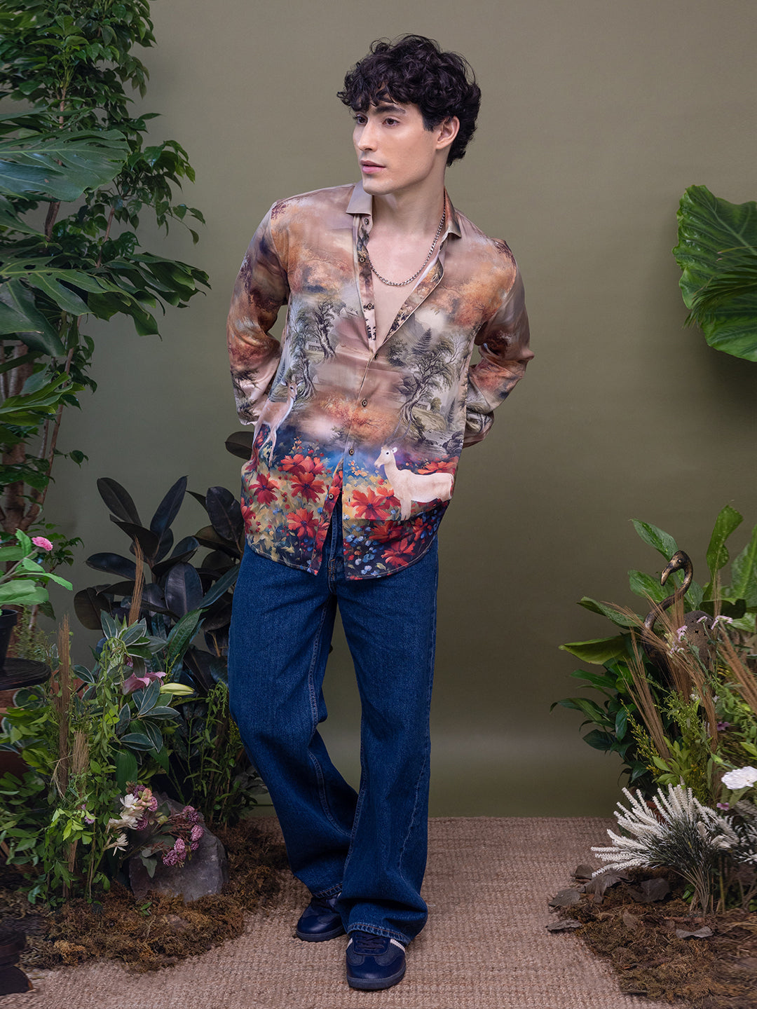 Multi-Colour Deer & Floral Landscape Full Sleeve Shirt