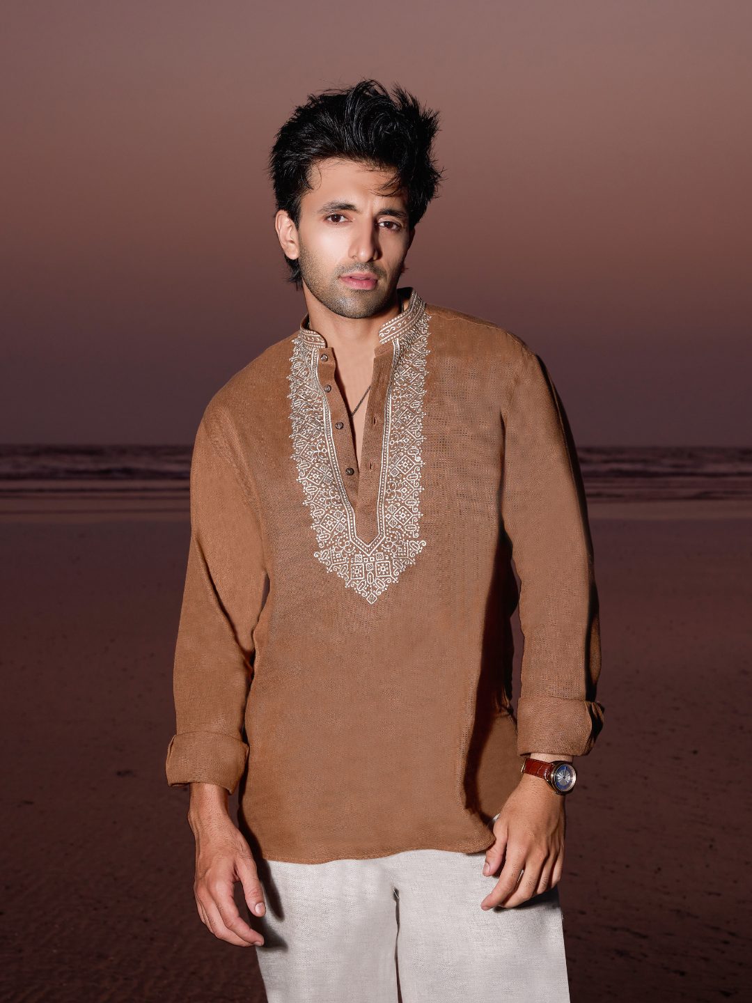 Light Brown Embroidered Linen Short Kurta