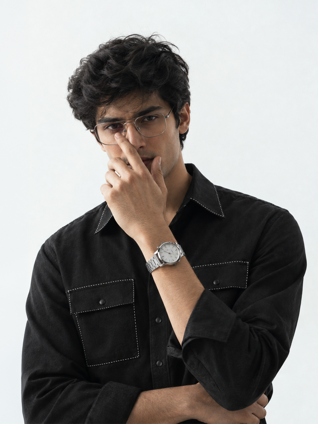 Black Crepe-Tejin Slim Fit Cut & Sew Shirt with Twin Flap Pockets