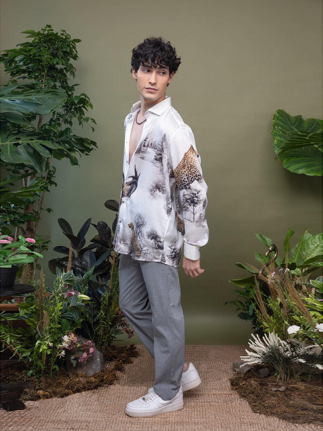 White Deer and Leopard Forest Print Full Sleeve Shirt